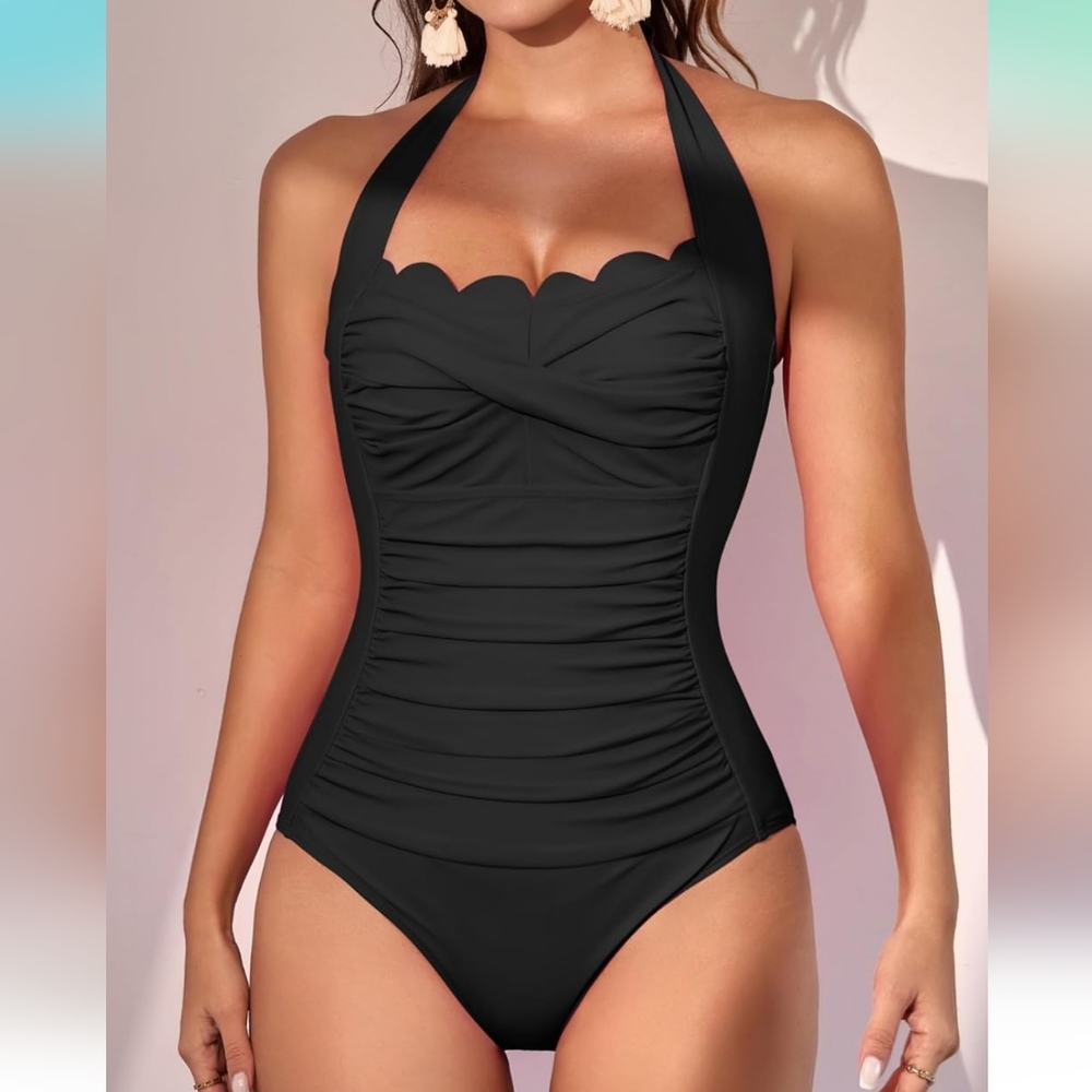 Elegant Black Halter Scallop Trim One-Piece Swimsuit - Picture 5 of 7